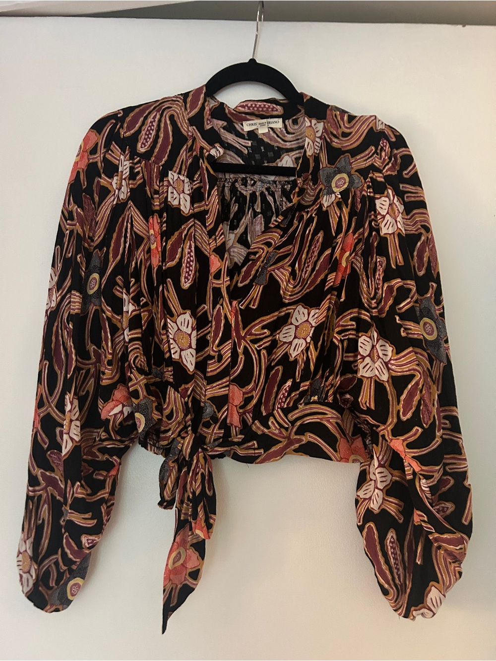 Christian Siriano Black Floral Tie-Front Blouse with Rust and Cream Accents